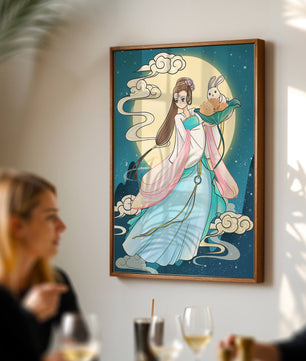 Traditional Asian-inspired artwork featuring a woman and rabbit under a moonlit sky