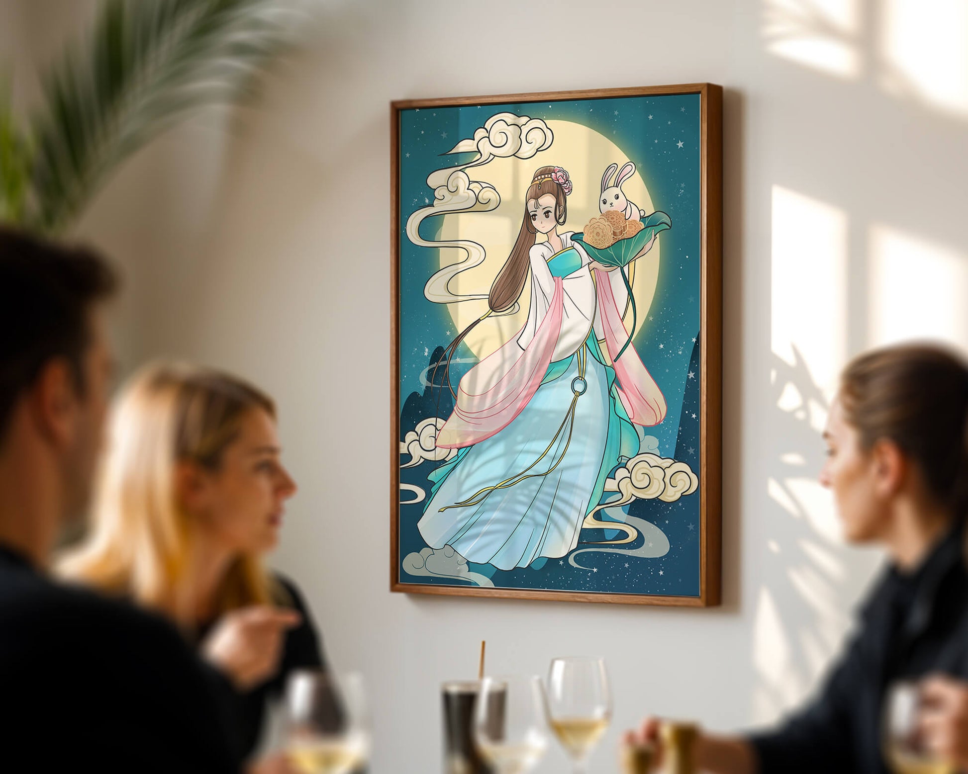 Traditional Asian-inspired artwork featuring a woman and rabbit under a moonlit sky
