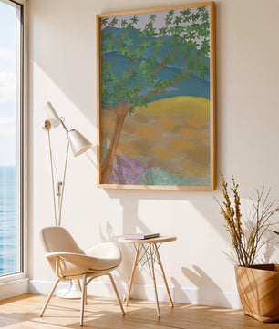 Paisaje pintoresco con árbol vibrante y fondo colorido