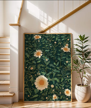 Floral pattern with daisies on a dark green background