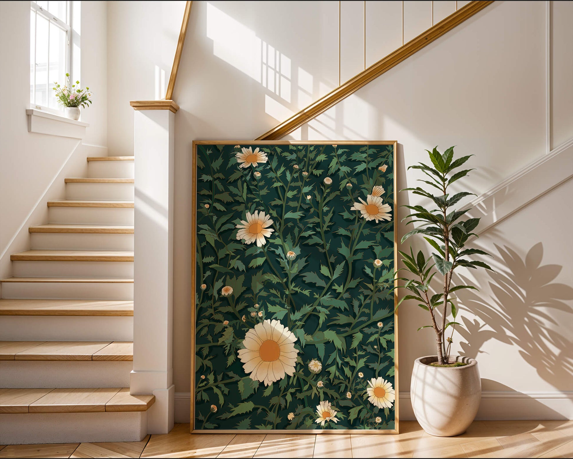 Floral pattern with daisies on a dark green background