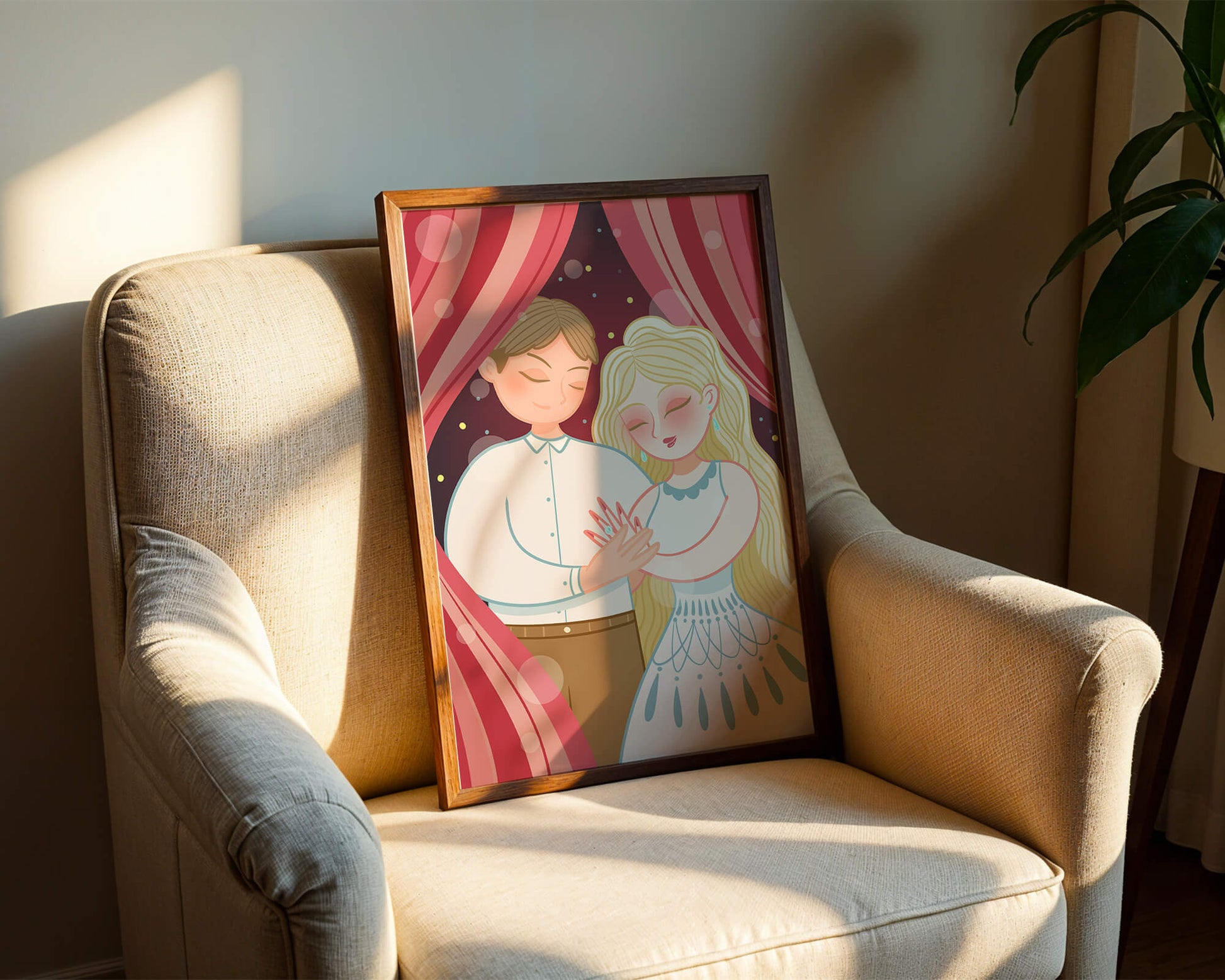 Romantic couple under red curtains with gentle embrace