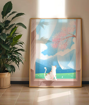 Serene scene with cat gazing out at cherry blossoms through window