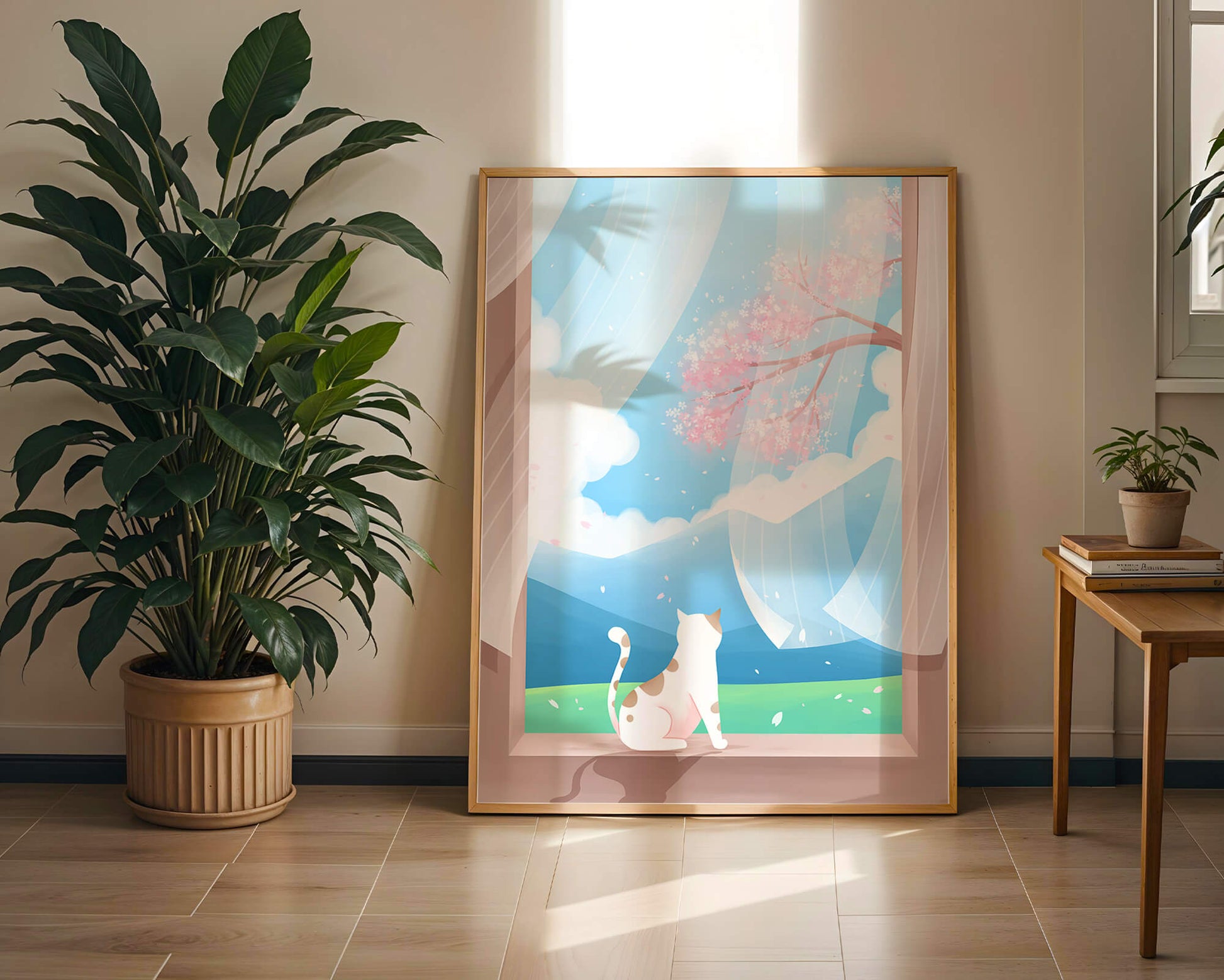 Serene scene with cat gazing out at cherry blossoms through window