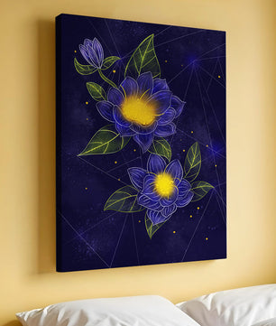 Floral Art with Blue and Yellow Lotus Design on Starry Background