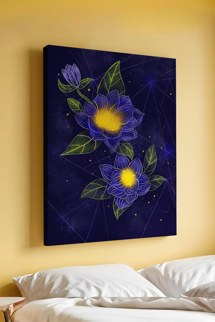 Floral Art with Blue and Yellow Lotus Design on Starry Background