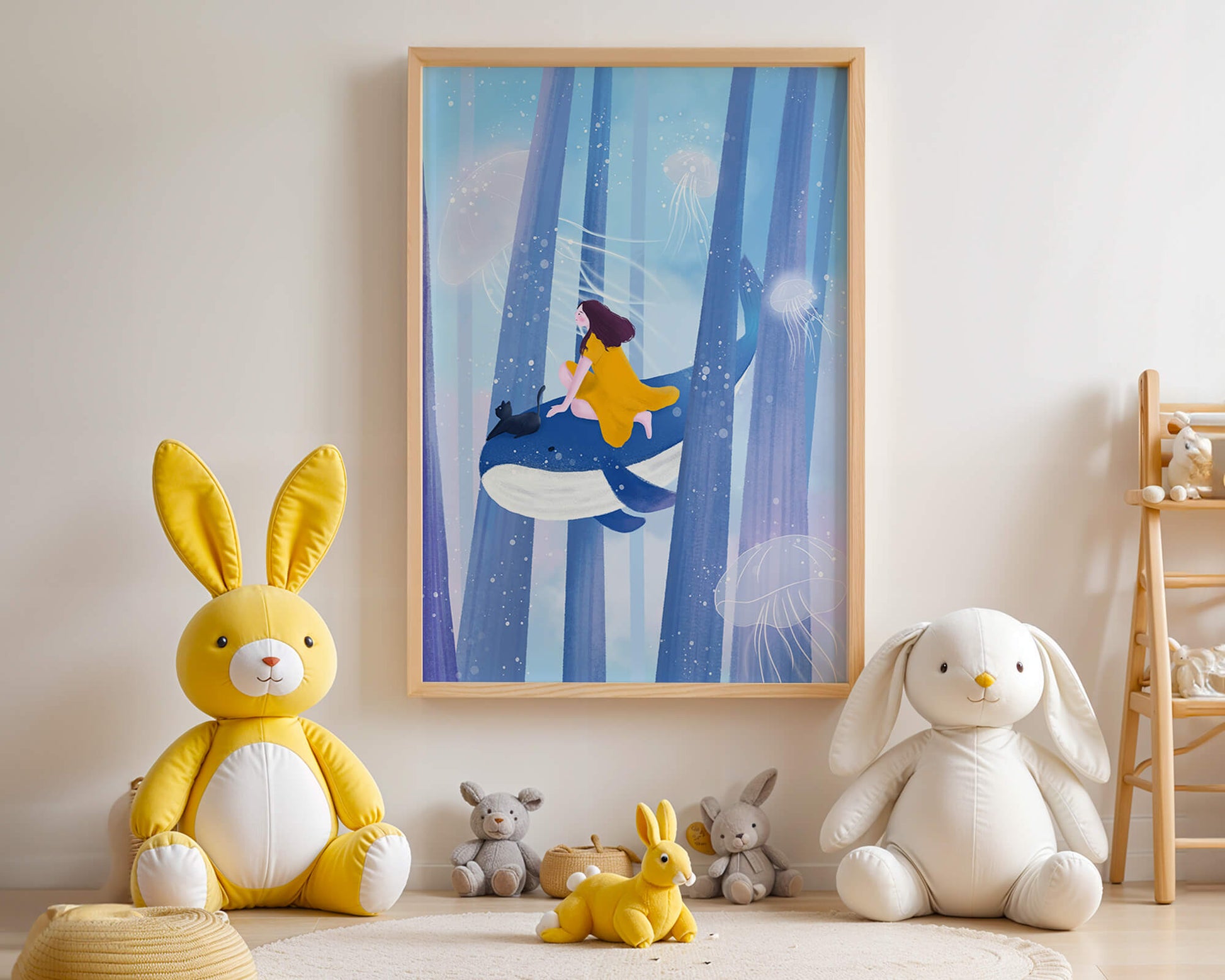 Dreamlike scene with girl, cat, and whale in an ethereal ocean
