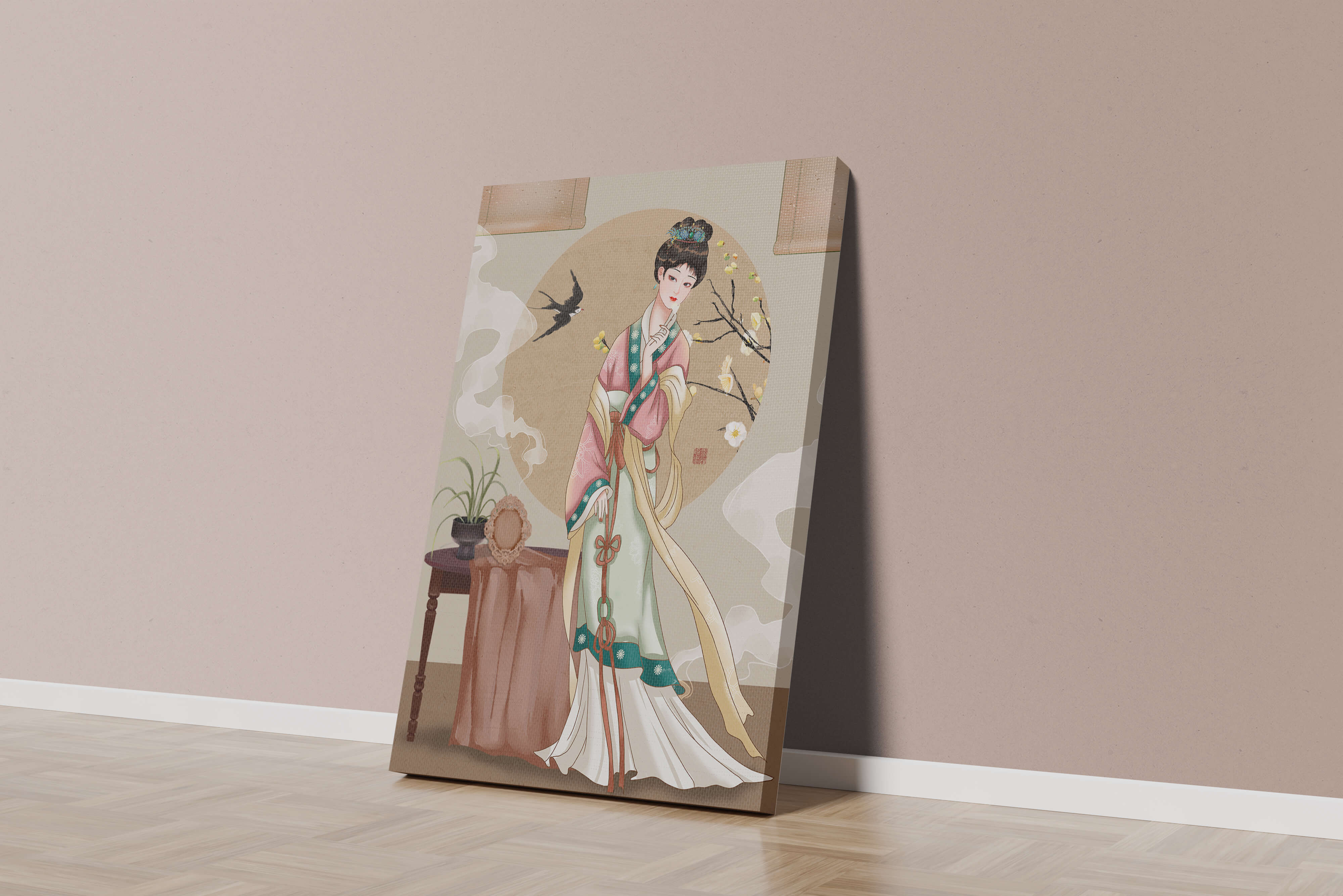 Elegant traditional Asian lady in classic attire with nature elements