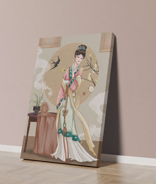 Elegante traditionelle asiatische Dame in klassischer Kleidung mit Naturelementen