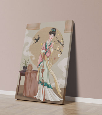 Elegant traditional Asian lady in classic attire with nature elements