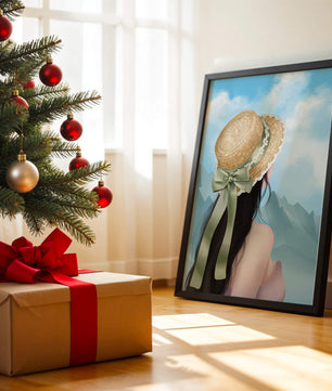 Woman with straw hat and mountain view under blue sky