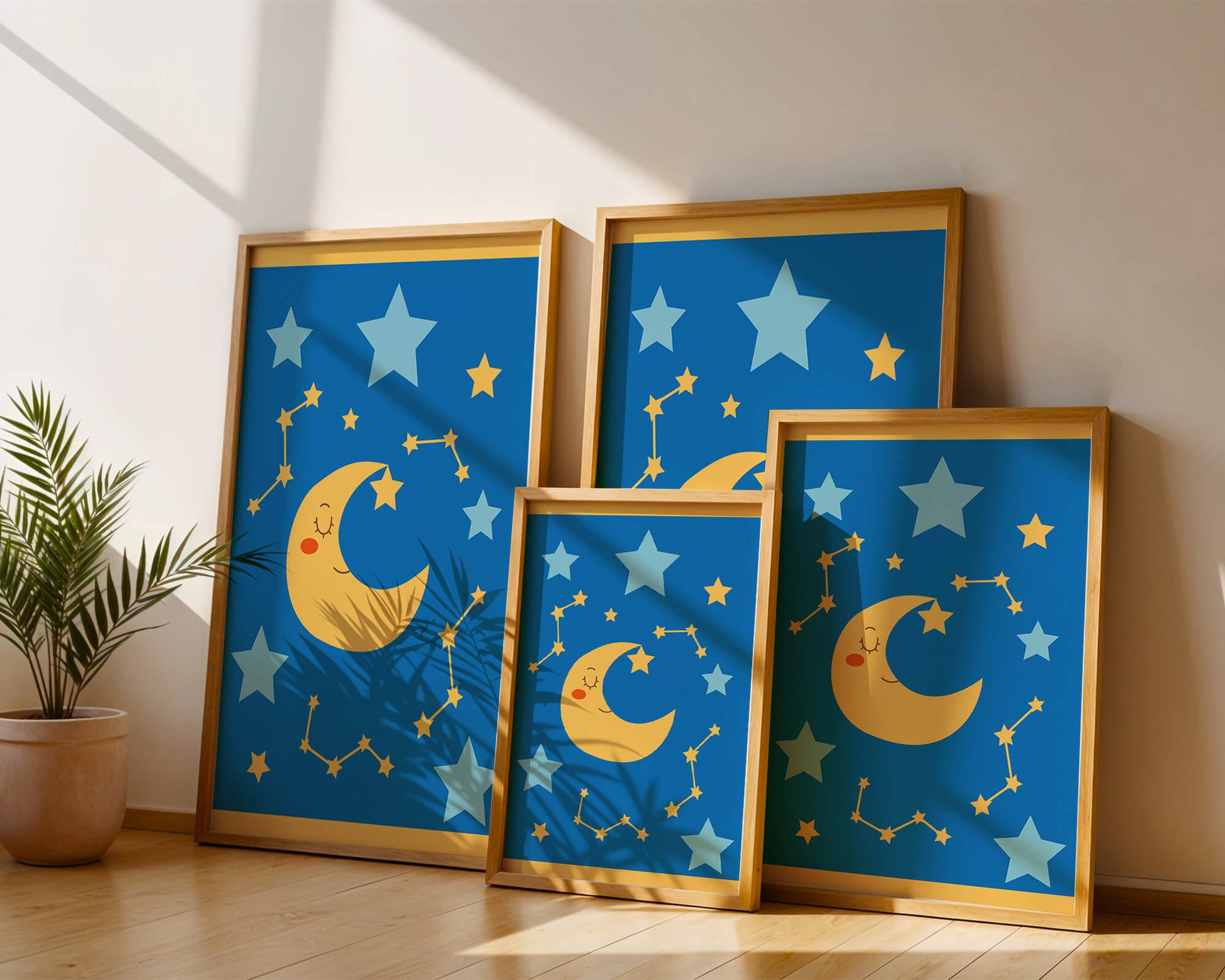 Whimsical children's room decor with smiling moon and stars