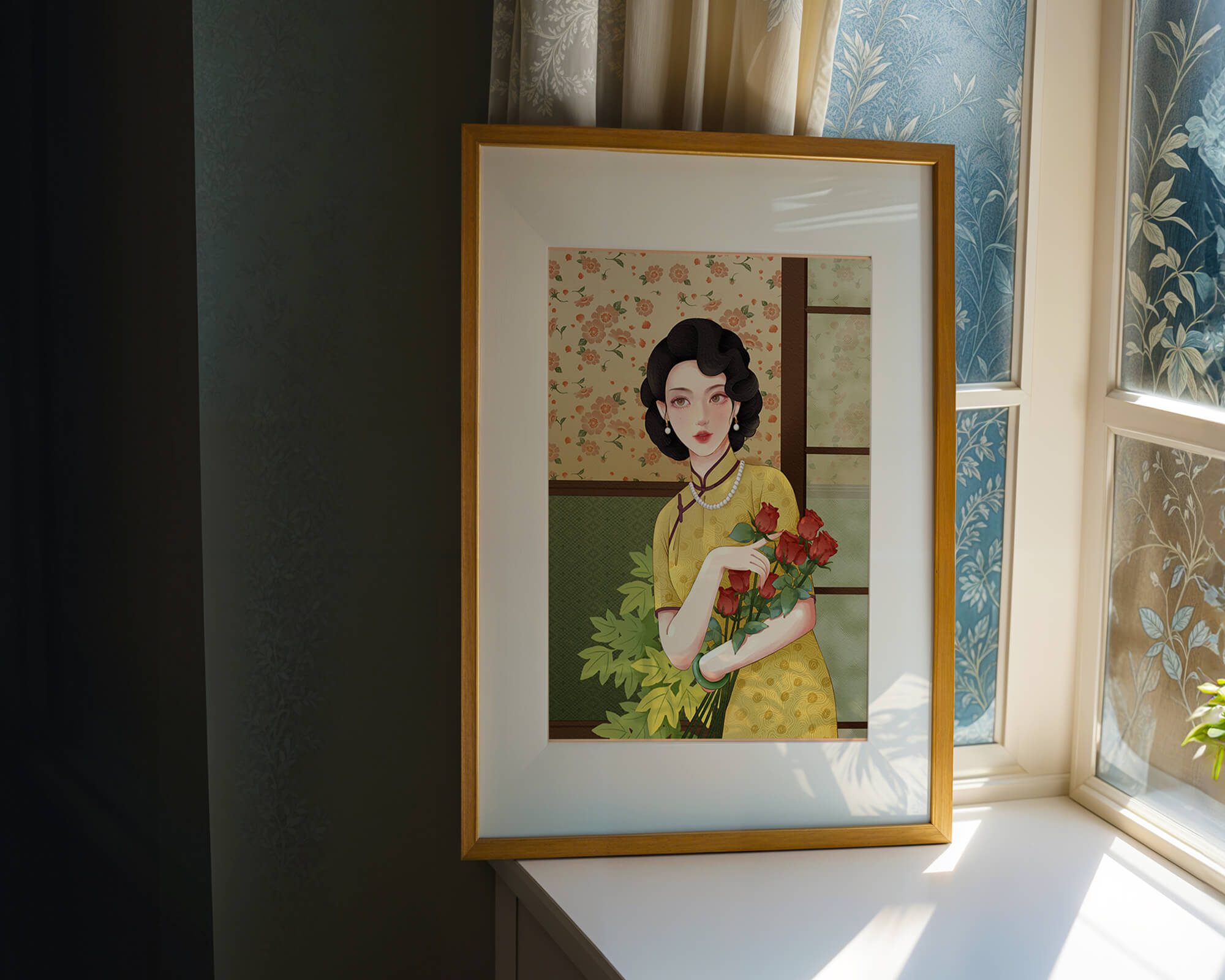 Elegant woman with floral backdrop holding a bouquet