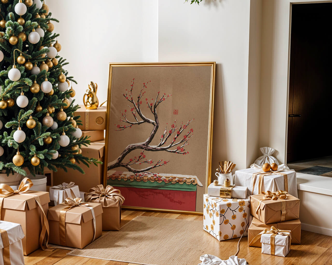Illustration of blooming plum branch over traditional rooftop