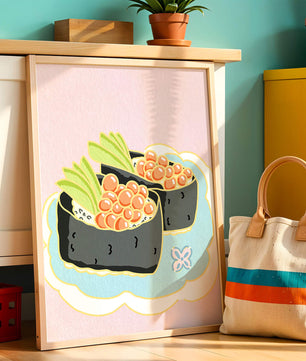Illustration of sushi rolls with fish roe and avocado on a pastel background