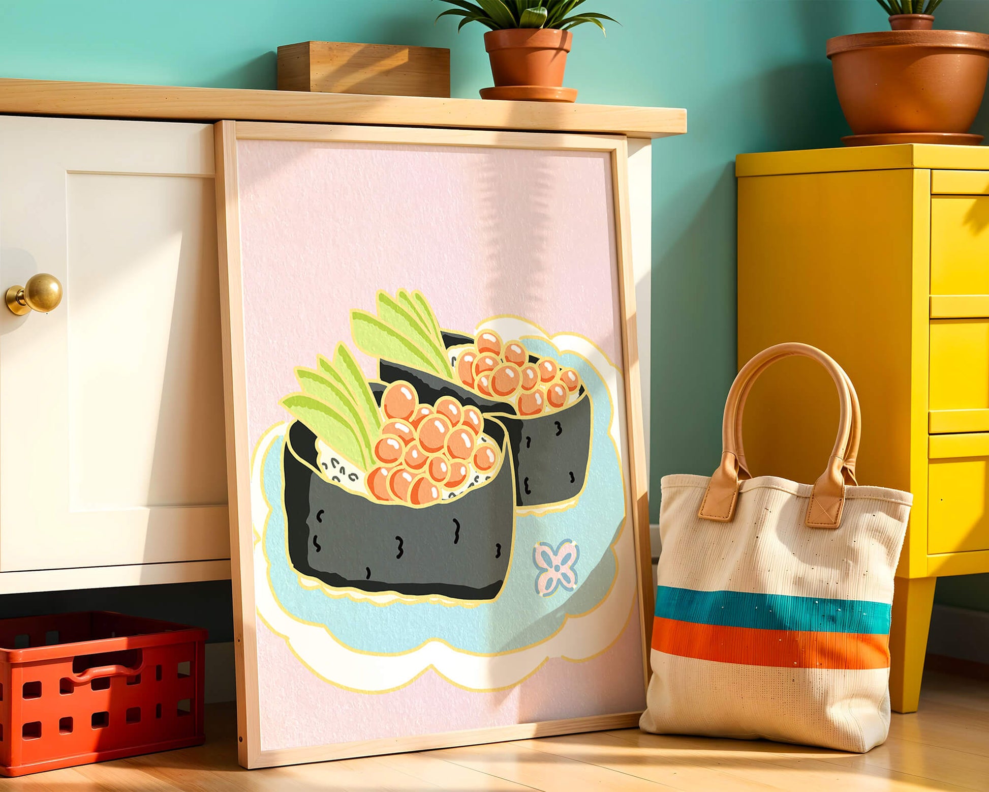 Illustration of sushi rolls with fish roe and avocado on a pastel background