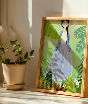 Serene illustration of a woman in nature with tropical leaves