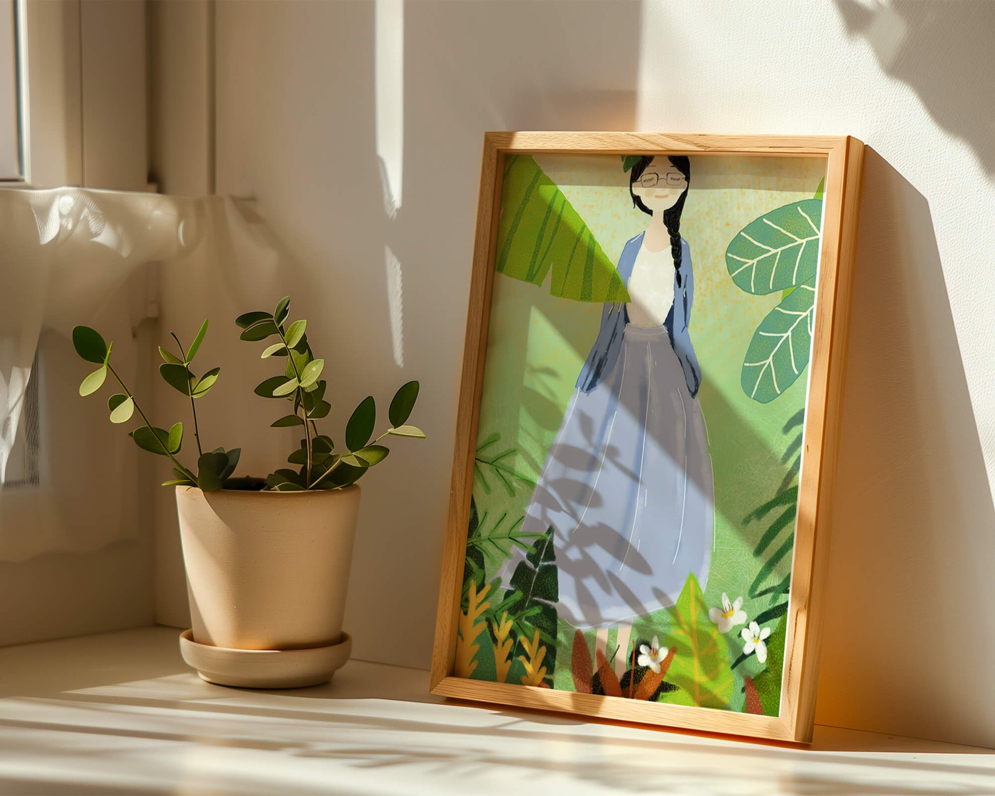 Serene illustration of a woman in nature with tropical leaves