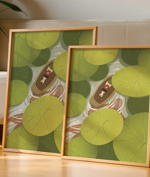 Person in boat among lush green lily pads