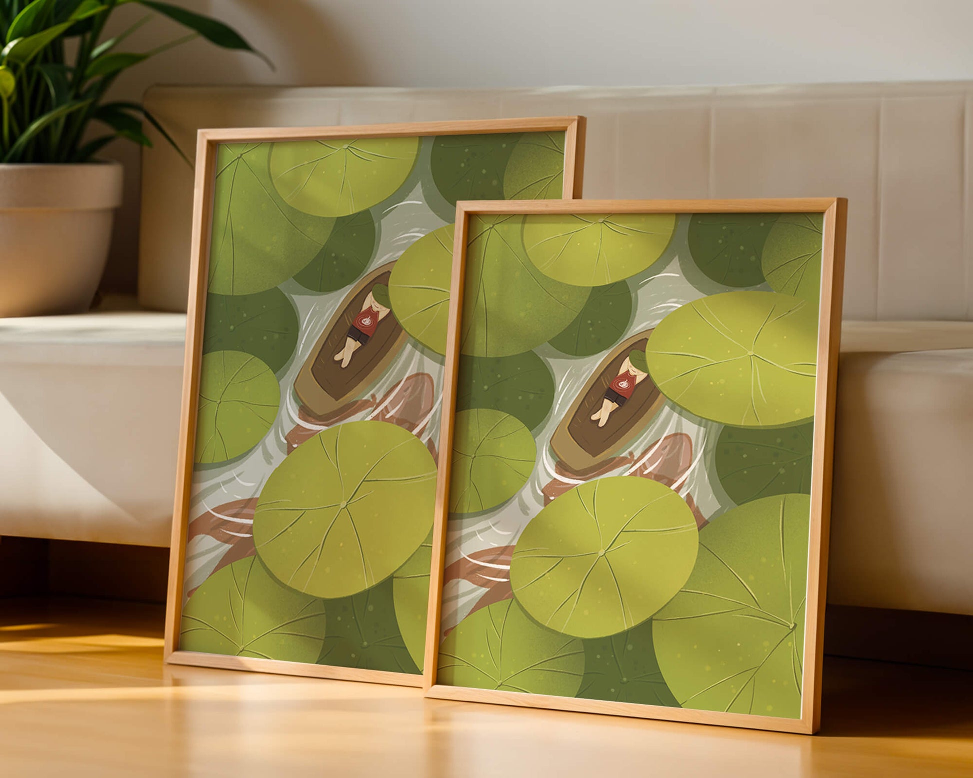 Person in boat among lush green lily pads