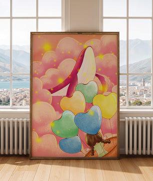 Globos con forma de corazón y ballena en una escena caprichosa y colorida