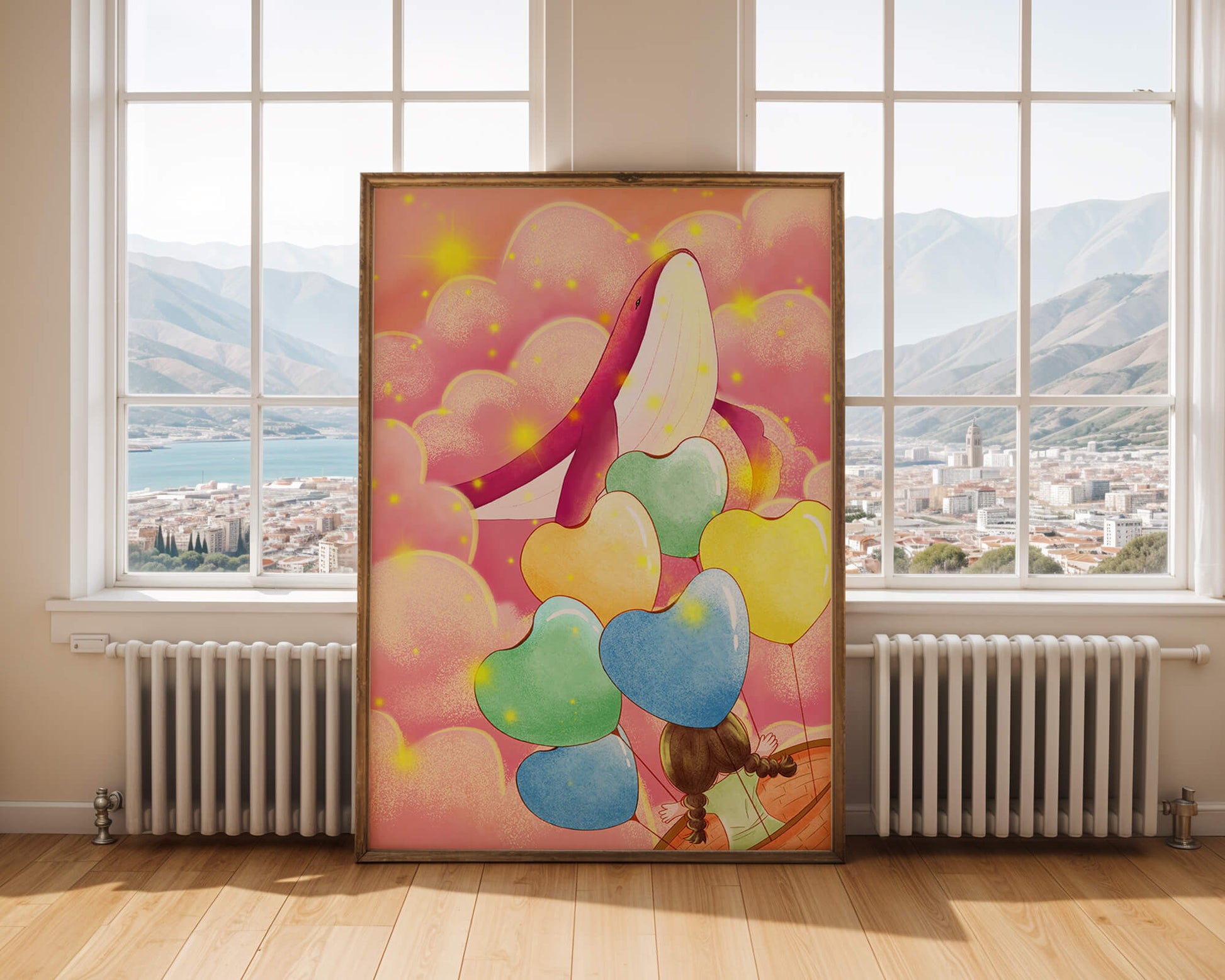 Globos en forma de corazón y ballena en una escena colorida y caprichosa.