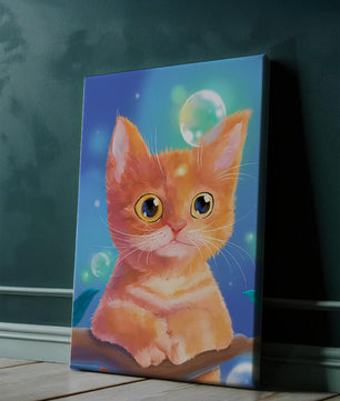 Adorable orange kitten illustration with bubbles and a colorful background