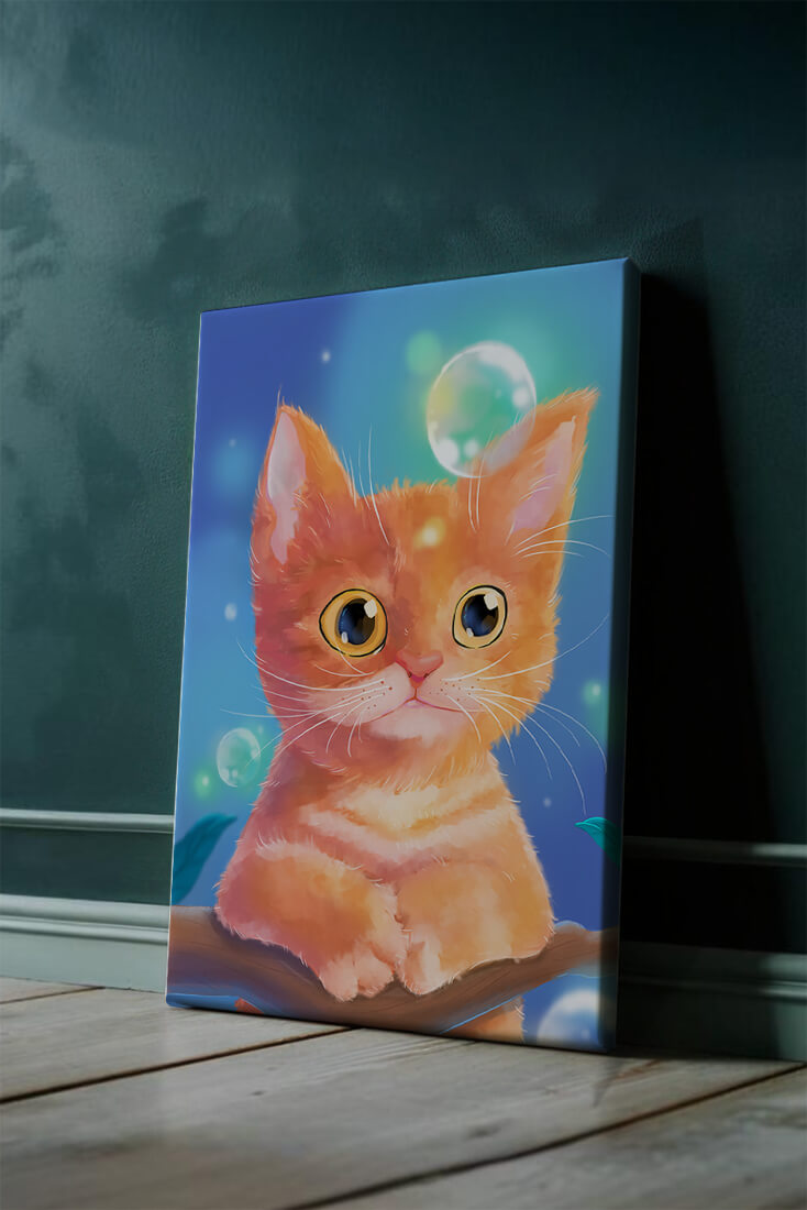 Adorable orange kitten illustration with bubbles and a colorful background