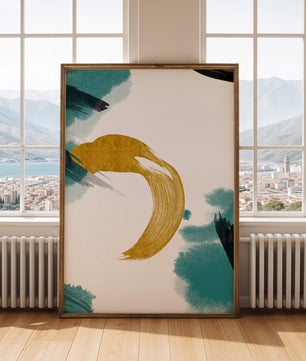 Abstract Gold and Teal Brush Strokes on White Background