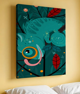 Colorful Chameleon on Tree Branch with Abstract Leaves