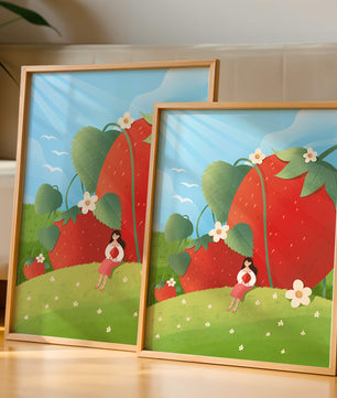 Paysage serein avec d'énormes fraises et une femme dans une prairie en fleurs