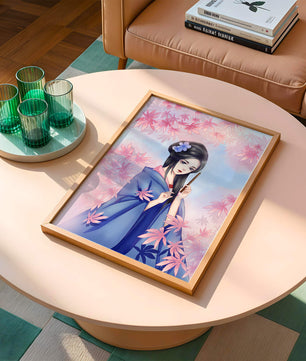 Ilustración elegante de una geisha con kimono azul y hojas rosadas