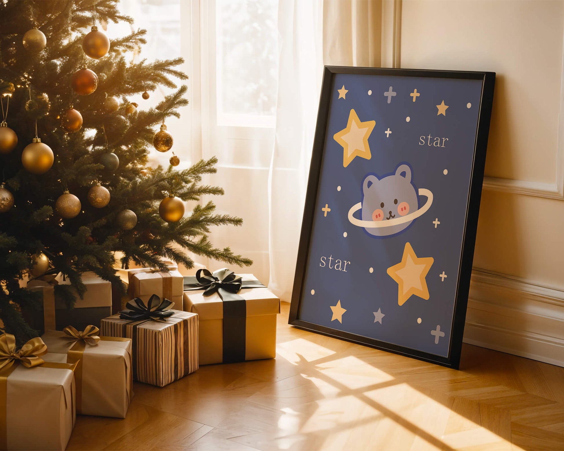 Adorable cartoon bear with stars on a blue background