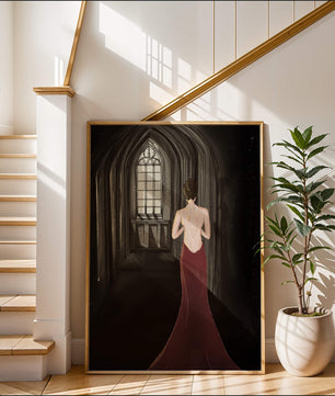 Elegant woman in a red dress inside a gothic hallway