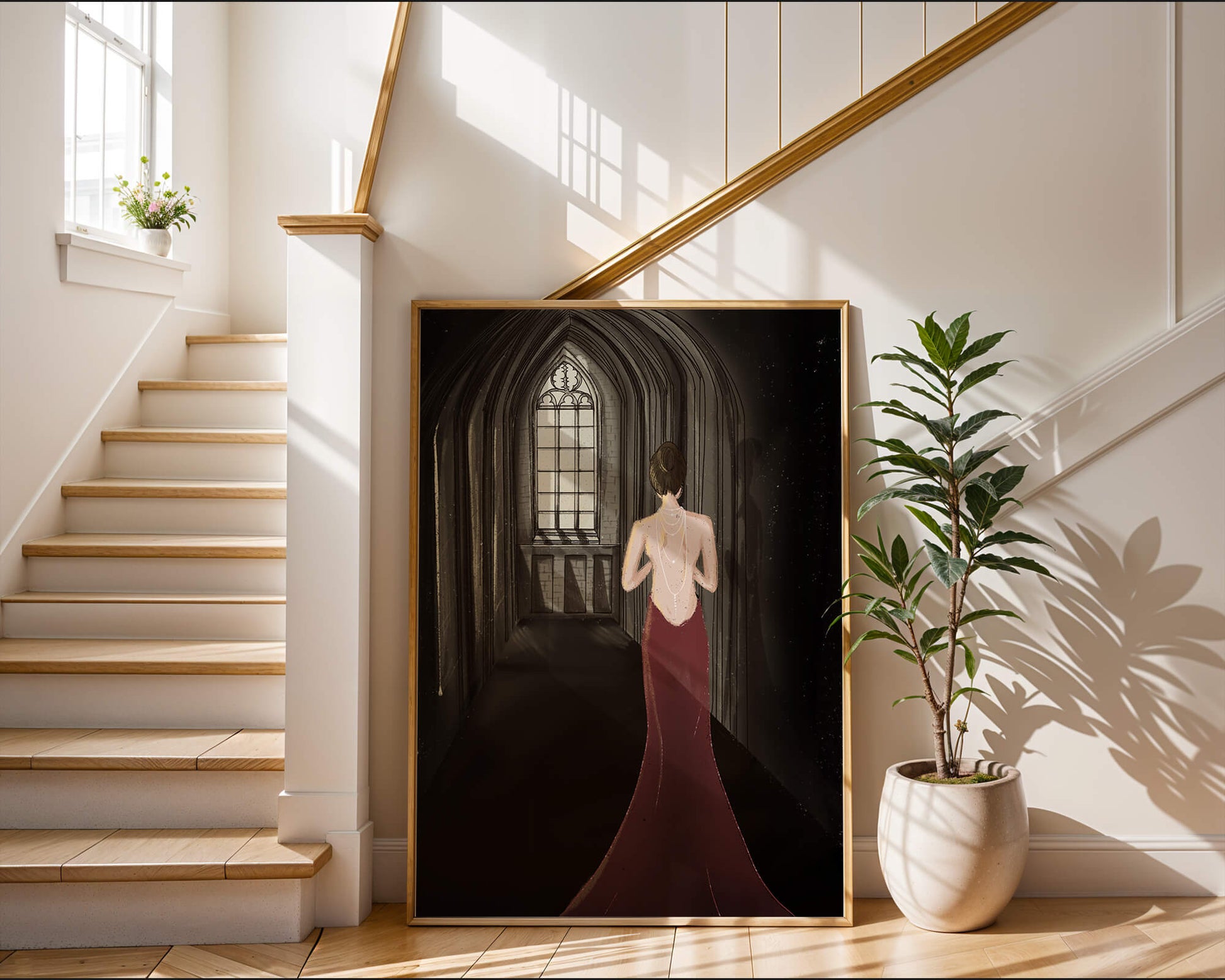 Elegant woman in a red dress inside a gothic hallway