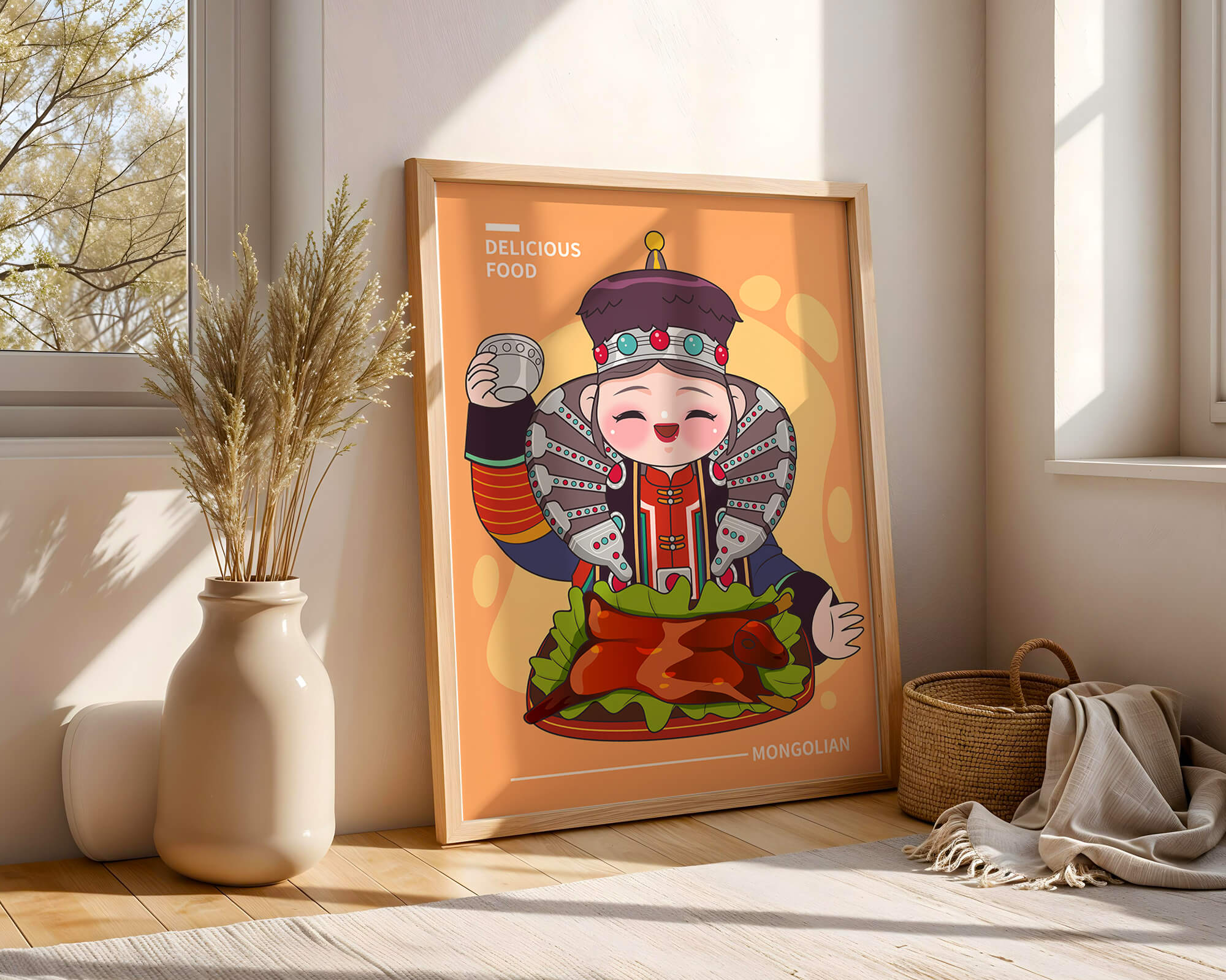 Cartoon character in traditional Mongolian attire with food