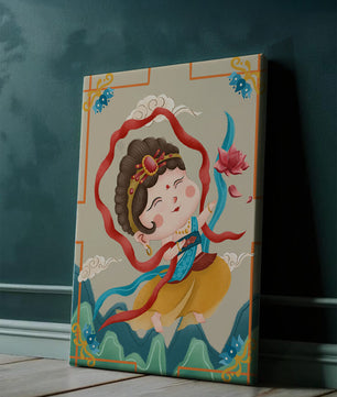 Whimsical illustration of a joyful child deity with lotus and clouds