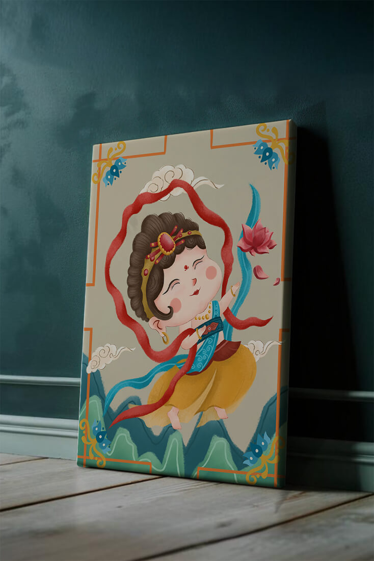 Whimsical illustration of a joyful child deity with lotus and clouds