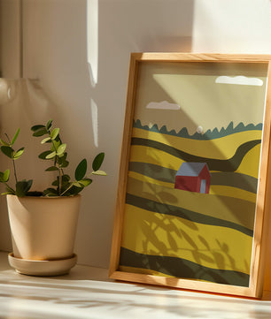 Landscape With Red Barn Amidst Rolling Hills Under Blue Sky