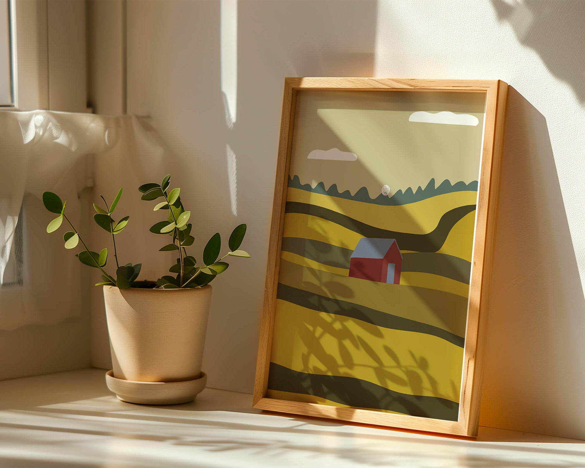 Paisaje con granero rojo entre colinas onduladas bajo un cielo azul