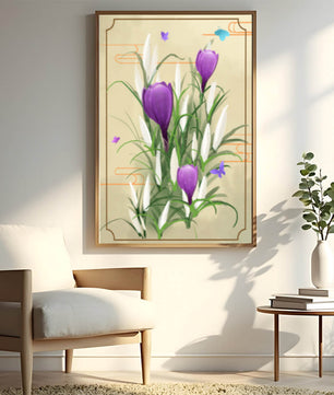 Elegant Crocus Flowers with Butterflies in a Delicate Frame