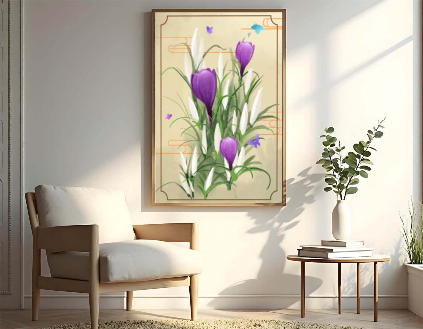 Elegantes flores de azafrán con mariposas en un marco delicado