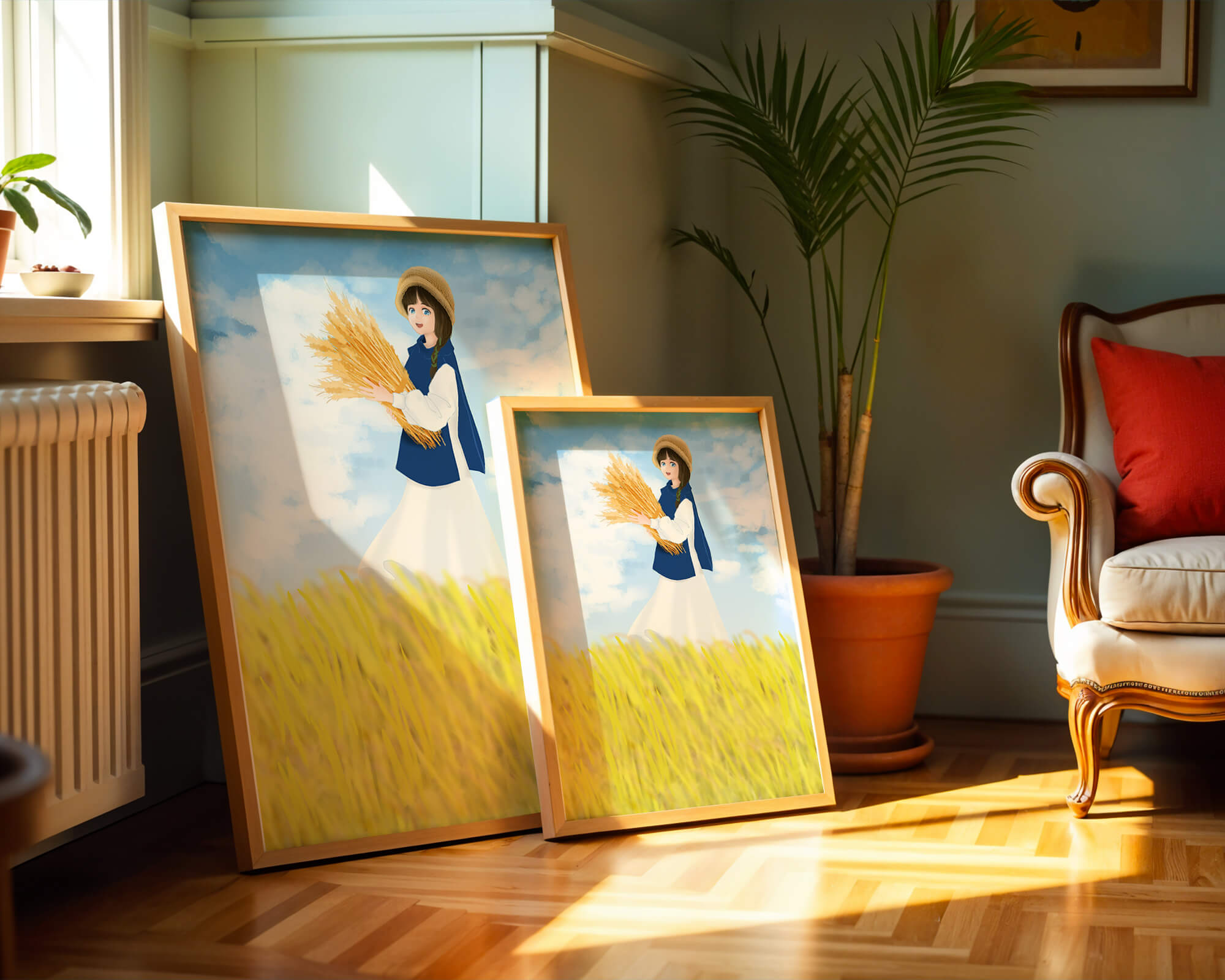 Young girl in a wheat field on a sunny day illustration