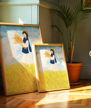 Young girl in a wheat field on a sunny day illustration