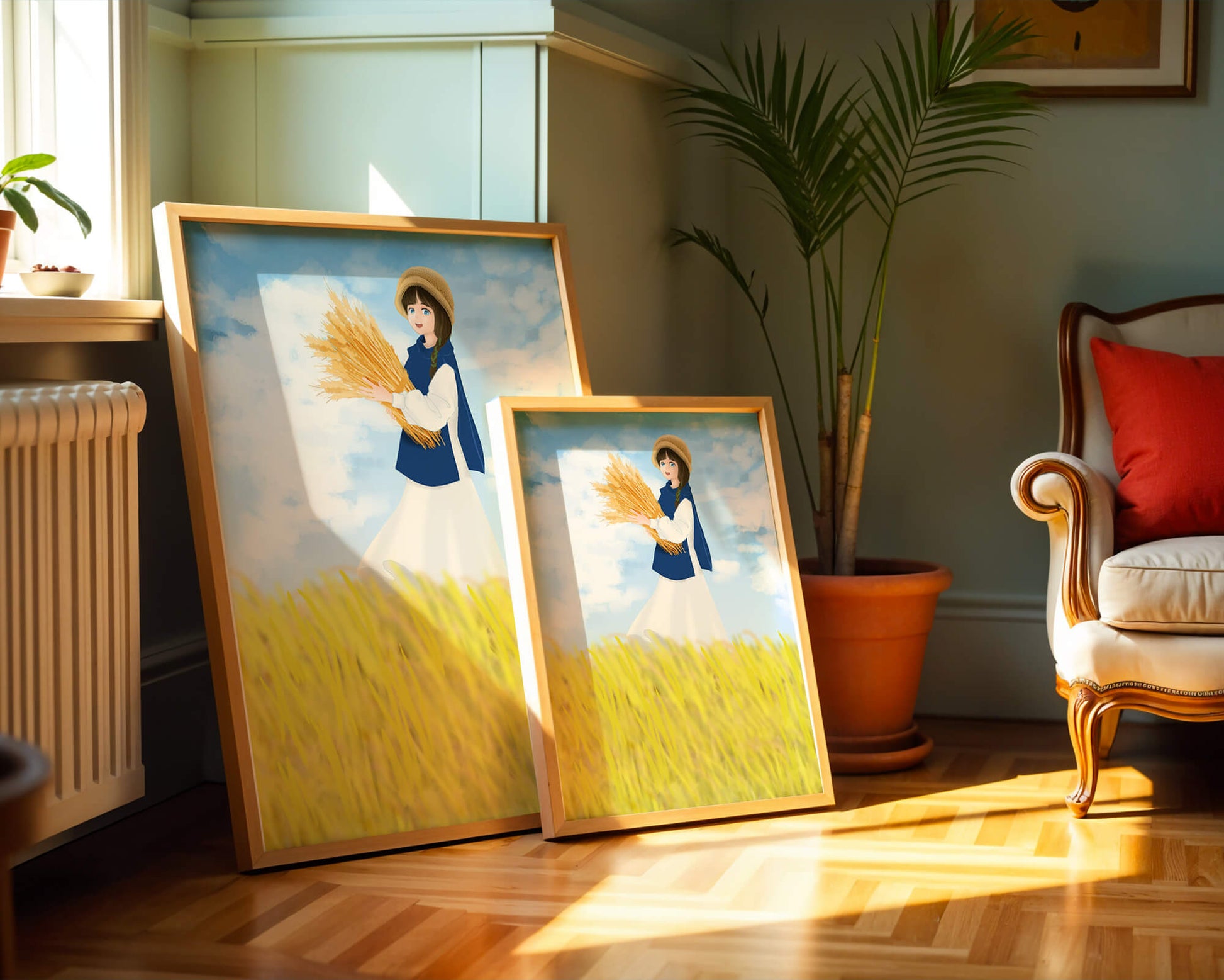 Young girl in a wheat field on a sunny day illustration