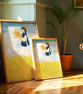 Young girl in a wheat field on a sunny day illustration