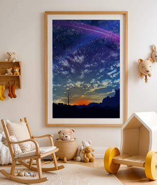 Starlit night sky with colorful sunset and silhouetted landscape