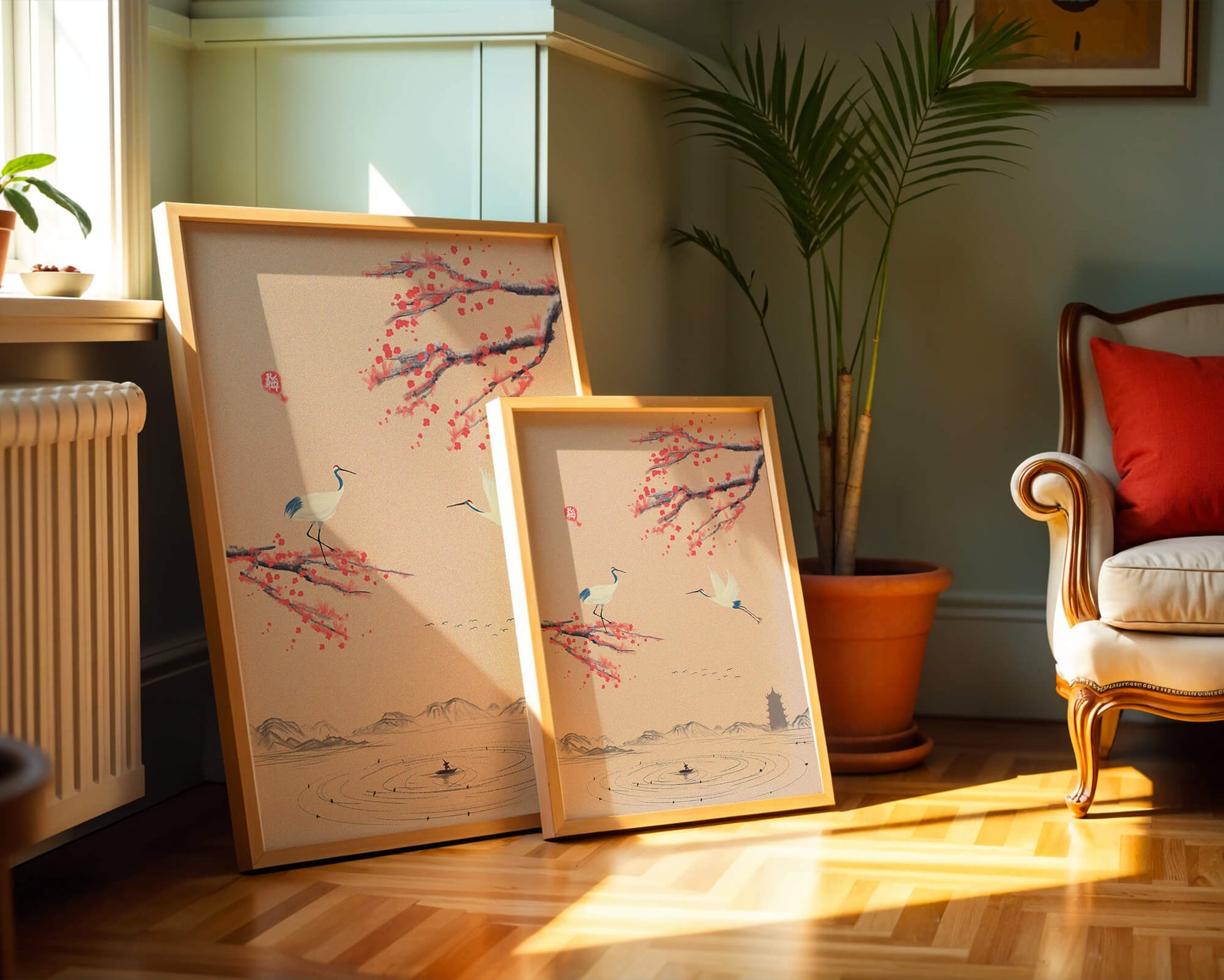 Elegant Asian landscape with cranes and cherry blossom branches