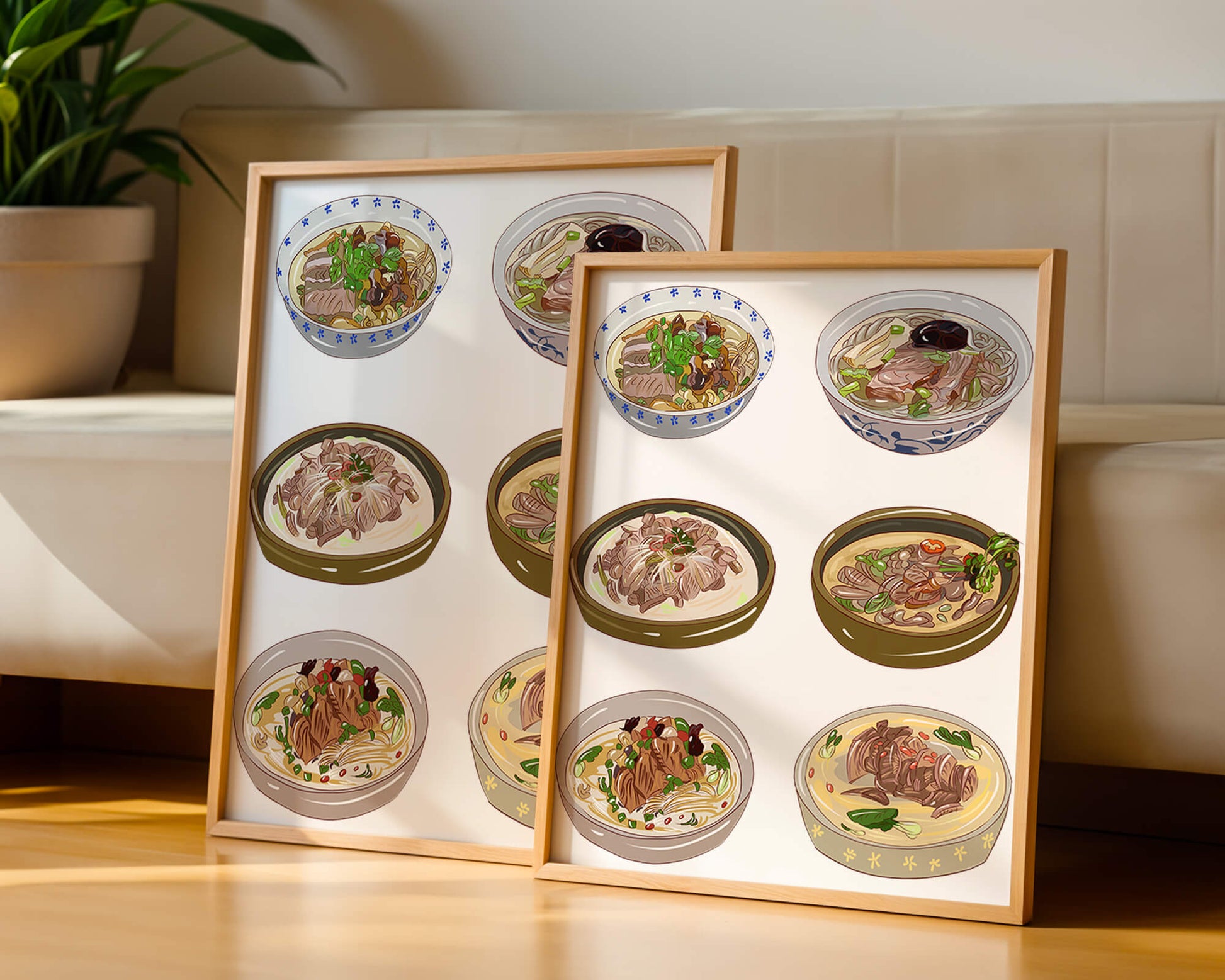 Illustrated bowls of Asian noodle soups with herbs and vegetables