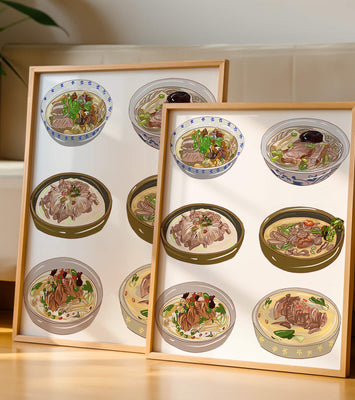 Illustrated bowls of Asian noodle soups with herbs and vegetables